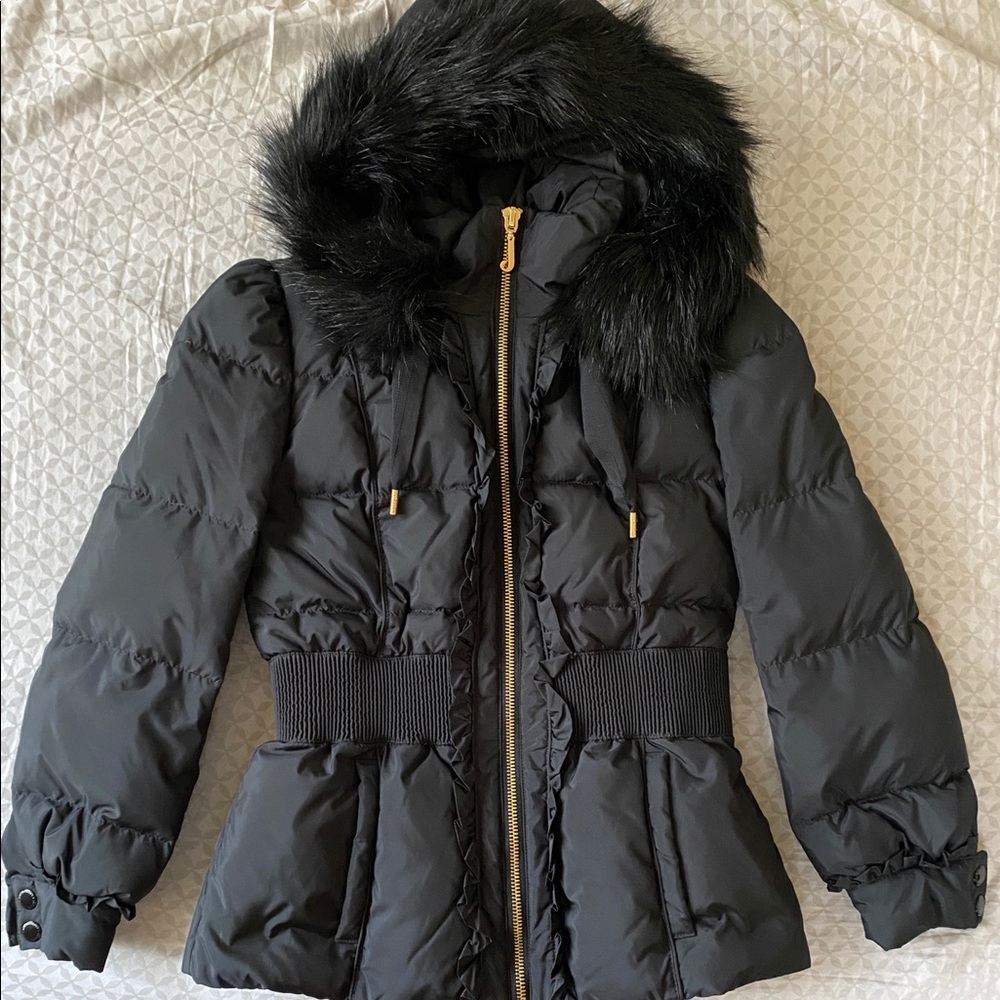 NWT JUICY COUTURE BLACK PUFFER JACKET W/ REMOVABLE FUR & FITTED WAIST